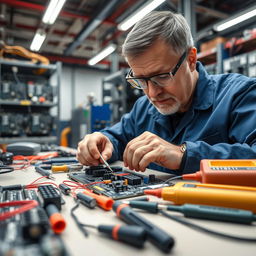 A close-up image of a technician in a workshop repairing a Programmable Logic Controller (PLC)