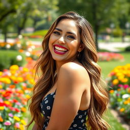 A stunning portrait of a woman with a jolly, infectious laugh, showcasing her beautiful, curvy figure and captivating smile