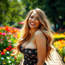 A stunning portrait of a woman with a jolly, infectious laugh, showcasing her beautiful, curvy figure and captivating smile