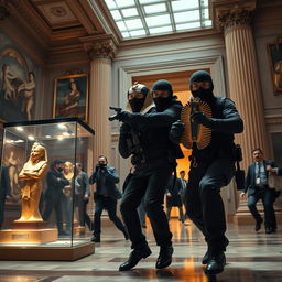 A dramatic scene set in a city art museum, where a group of robbers is forcibly entering the gallery, aiming to steal a priceless Tutankhamun statuette