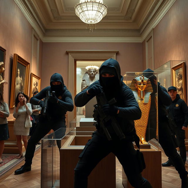 A dramatic scene set in a city art museum, where a group of robbers is forcibly entering the gallery, aiming to steal a priceless Tutankhamun statuette