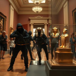 A dramatic scene set in a city art museum, where a group of robbers is forcibly entering the gallery, aiming to steal a priceless Tutankhamun statuette