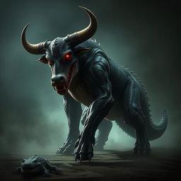 An extremely evil-looking creature that is a hybrid of a bull and an alligator