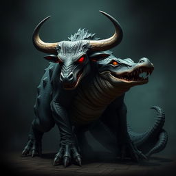 An extremely evil-looking creature that is a hybrid of a bull and an alligator