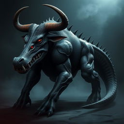 An extremely evil-looking creature that is a hybrid of a bull and an alligator