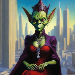 This is a high-quality modern fantasy oil painting set in Chicago, featuring an evil yet beautiful goblin stepmother