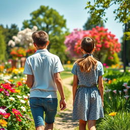 A realistic scene depicting a 35-year-old boy and a girl walking in a beautiful garden