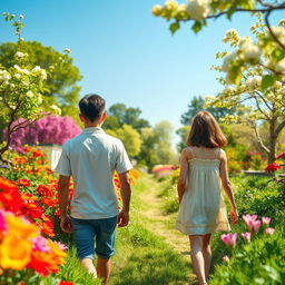 A realistic scene depicting a 35-year-old boy and a girl walking in a beautiful garden