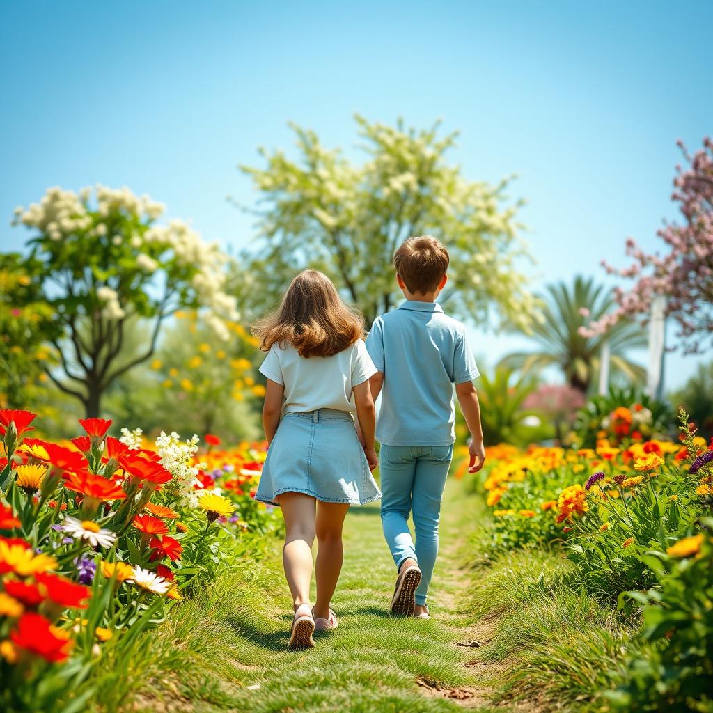 A realistic scene depicting a 35-year-old boy and a girl walking in a beautiful garden