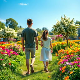 A realistic scene depicting a 35-year-old boy and a girl walking in a beautiful garden