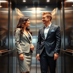 An artistic scene set in a modern elevator, featuring two adults dressed in business attire