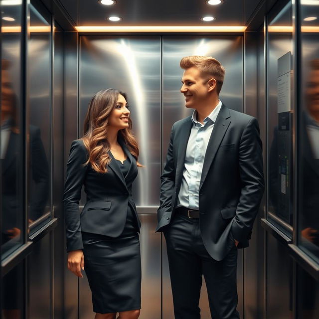 An artistic scene set in a modern elevator, featuring two adults dressed in business attire