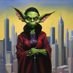 This is a high-quality modern fantasy oil painting set in Chicago, featuring an evil yet beautiful goblin stepmother