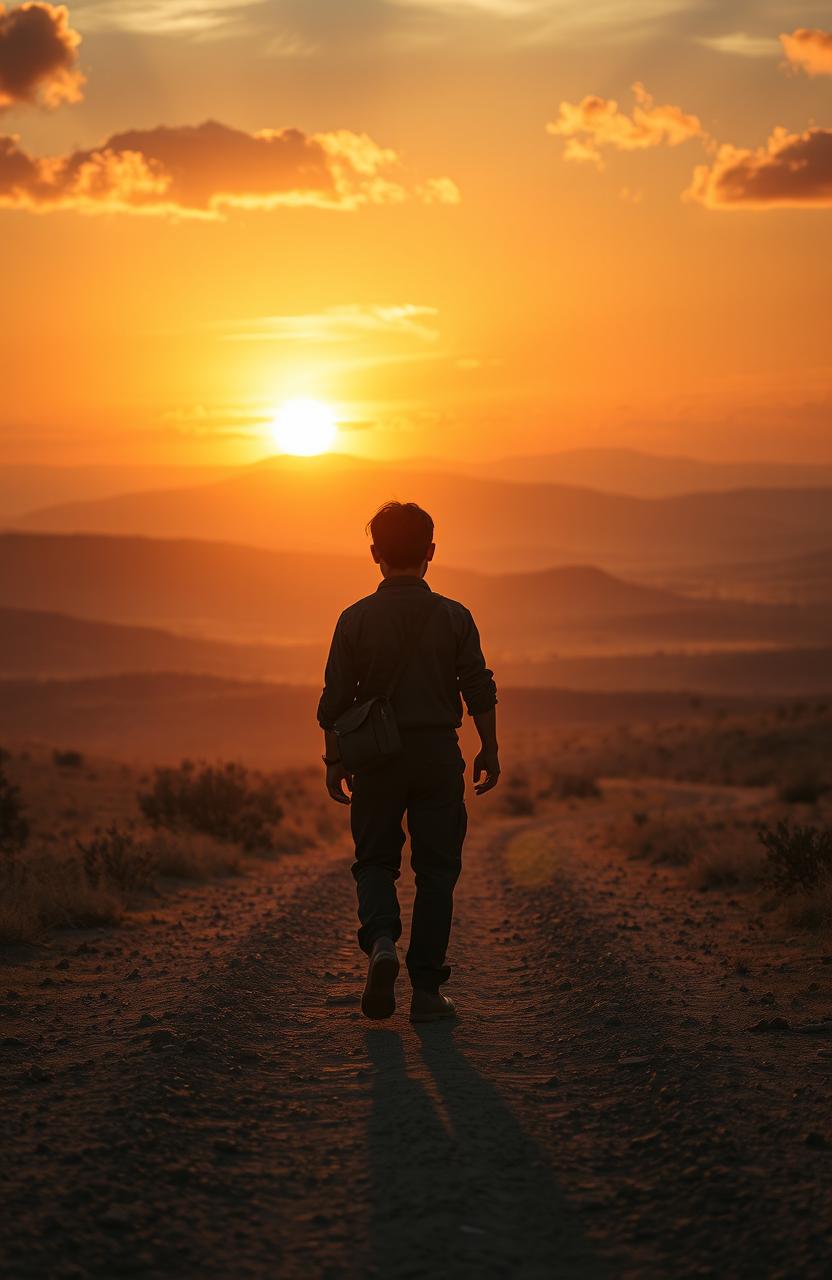 A beautiful, haunting portrayal of the Orphan Trail, featuring an expansive dusty landscape that captures the essence of a historical journey