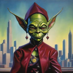 This is a high-quality modern fantasy oil painting set in Chicago, featuring an evil yet beautiful goblin stepmother