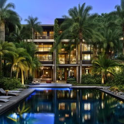 A three-story modern tropical industrial house with a swimming pool, surrounded by numerous trees. A large backyard features a gazebo above a fish pond. The property includes a spacious garage accommodating 12 cars.