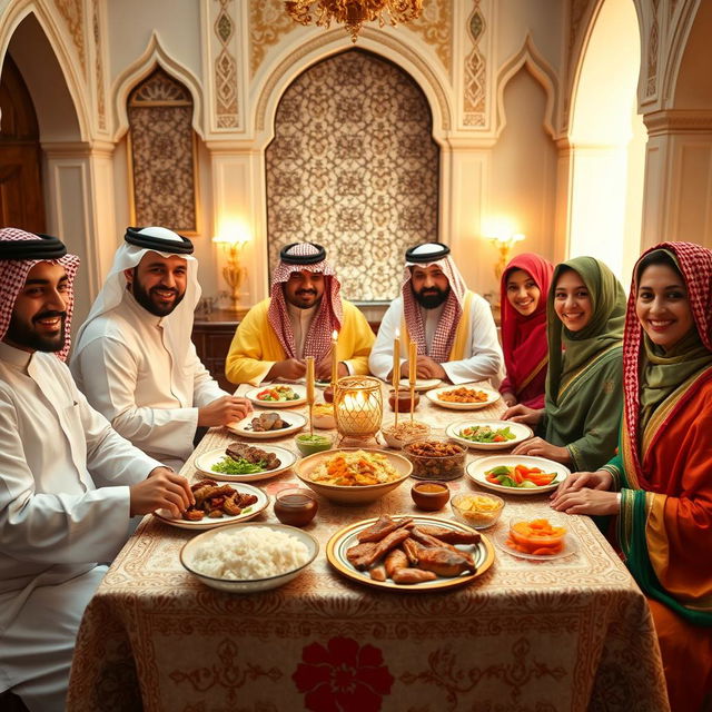 A warm and inviting scene featuring a traditional Saudi family gathered around a beautifully decorated dining table