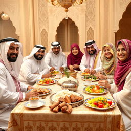 A warm and inviting scene featuring a traditional Saudi family gathered around a beautifully decorated dining table