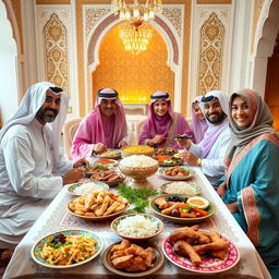 A warm and inviting scene featuring a traditional Saudi family gathered around a beautifully decorated dining table