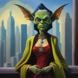 This is a high-quality modern fantasy oil painting set in Chicago, featuring an evil yet beautiful goblin stepmother