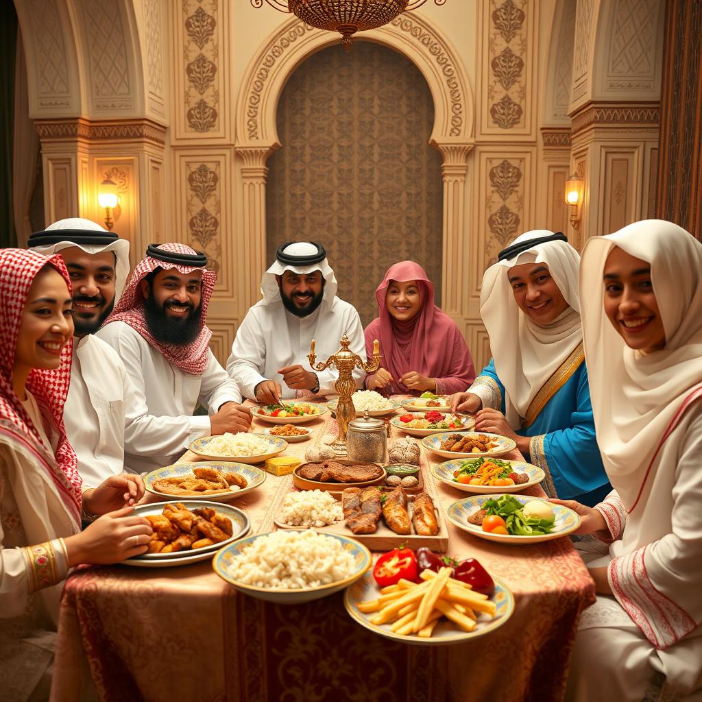 A warm and inviting scene featuring a traditional Saudi family gathered around a beautifully decorated dining table
