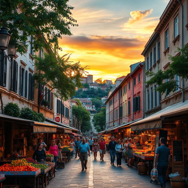 A vibrant urban street scene during the golden hour, featuring a bustling market with colorful stalls selling fruits, vegetables, and local crafts