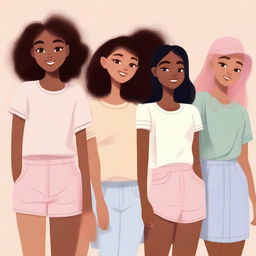 A high-quality digital art piece showcasing a group of diverse girls