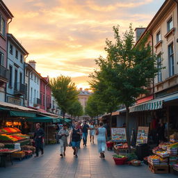 A vibrant urban street scene during the golden hour, featuring a bustling market with colorful stalls selling fruits, vegetables, and local crafts