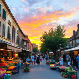 A vibrant urban street scene during the golden hour, featuring a bustling market with colorful stalls selling fruits, vegetables, and local crafts