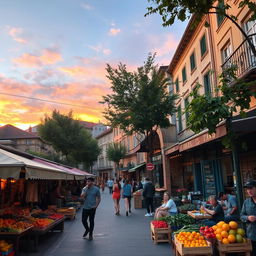 A vibrant urban street scene during the golden hour, featuring a bustling market with colorful stalls selling fruits, vegetables, and local crafts