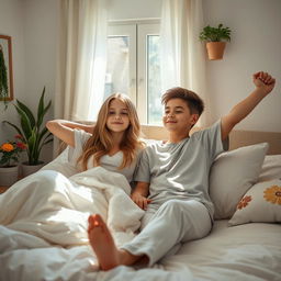 A cozy scene of a young couple, a girl and a boy, waking up together in a beautifully decorated bedroom