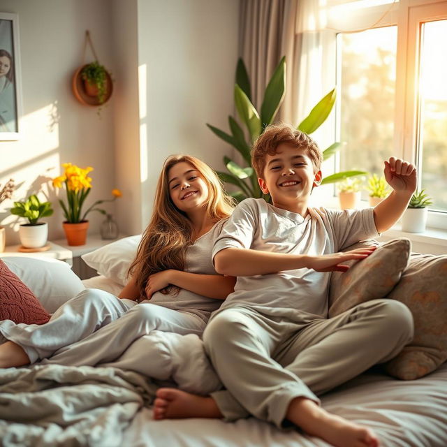 A cozy scene of a young couple, a girl and a boy, waking up together in a beautifully decorated bedroom