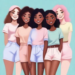 A high-quality digital art piece showcasing a group of diverse girls