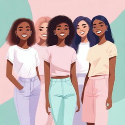 A high-quality digital art piece showcasing a group of diverse girls