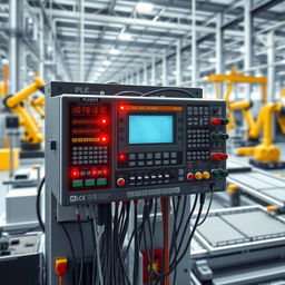 An intricate and detailed illustration of a PLC (Programmable Logic Controller) technology setup in a modern industrial environment