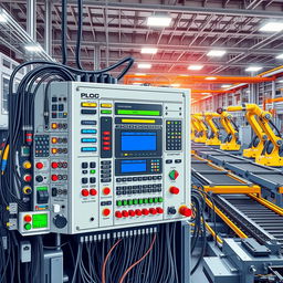 An intricate and detailed illustration of a PLC (Programmable Logic Controller) technology setup in a modern industrial environment
