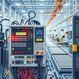 An intricate and detailed illustration of a PLC (Programmable Logic Controller) technology setup in a modern industrial environment