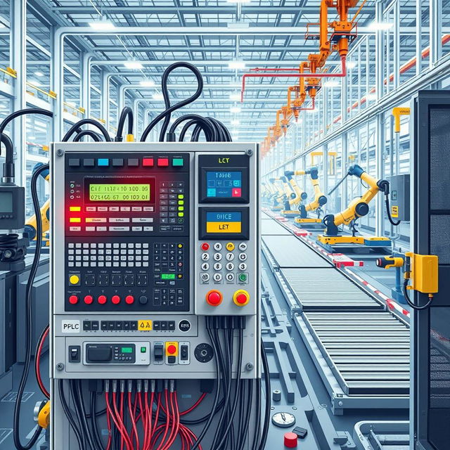 An intricate and detailed illustration of a PLC (Programmable Logic Controller) technology setup in a modern industrial environment