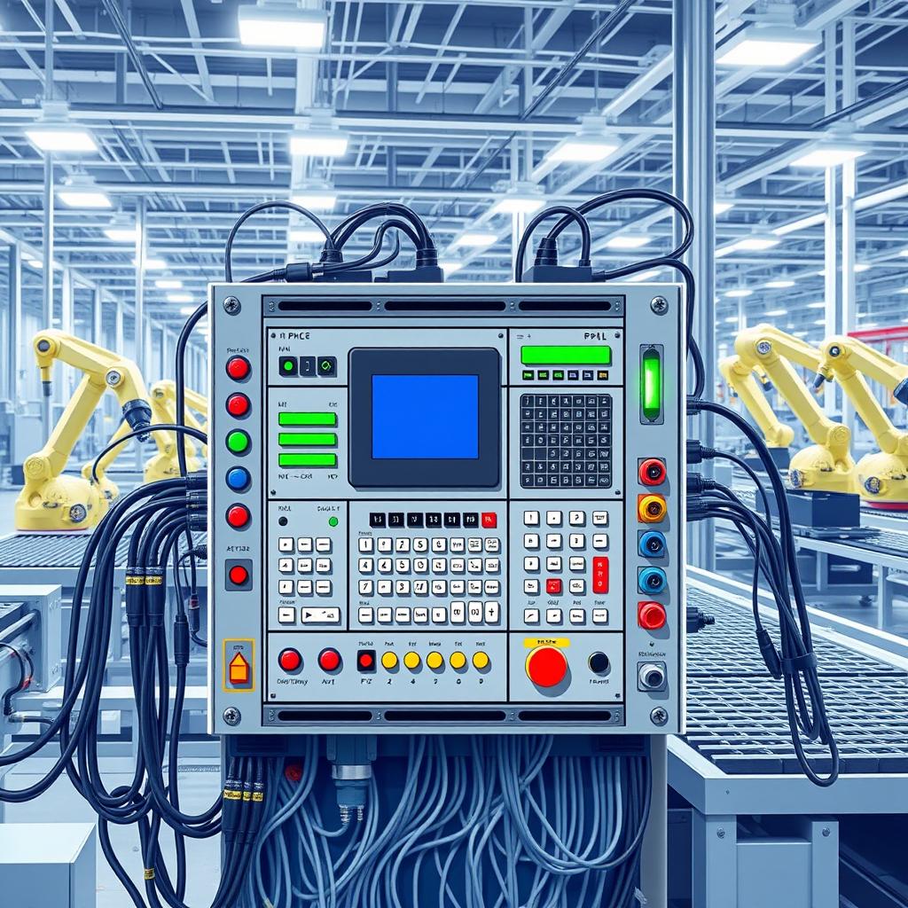 An intricate and detailed illustration of a PLC (Programmable Logic Controller) technology setup in a modern industrial environment
