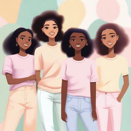 A high-quality digital art piece showcasing a group of diverse girls