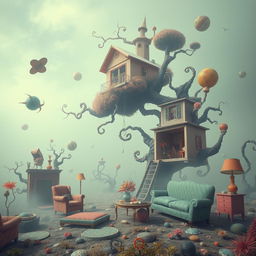 A surreal weirdcore landscape featuring dreamlike elements such as distorted architecture, bizarre creatures, and vibrant colors
