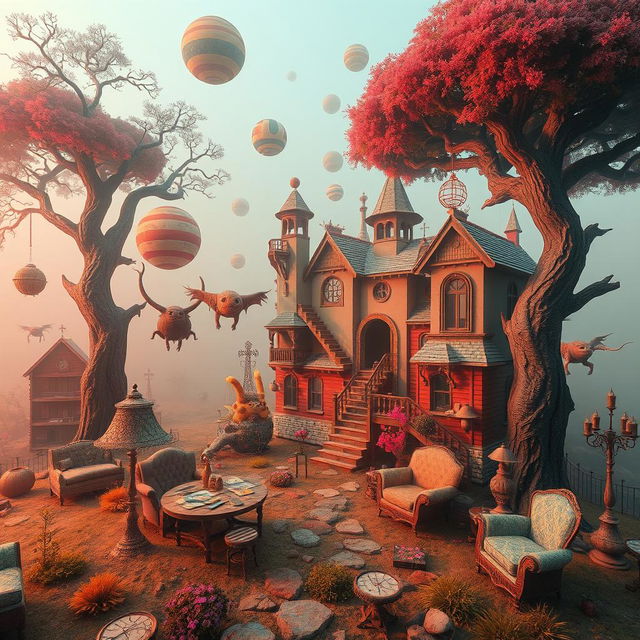 A surreal weirdcore landscape featuring dreamlike elements such as distorted architecture, bizarre creatures, and vibrant colors