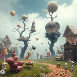 A surreal weirdcore landscape featuring dreamlike elements such as distorted architecture, bizarre creatures, and vibrant colors