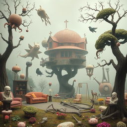 A surreal weirdcore landscape featuring dreamlike elements such as distorted architecture, bizarre creatures, and vibrant colors