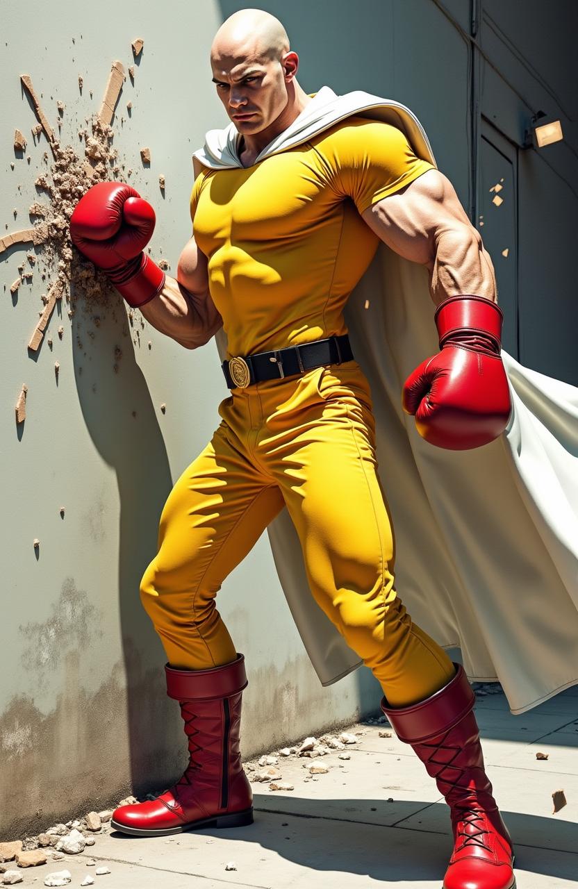 A muscular bald man with a serious expression is depicted in mid-action, powerfully punching a wall, causing it to shatter into little pieces