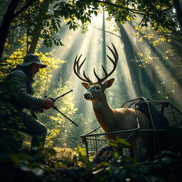 A dramatic scene depicting a hunter capturing a deer in a trap