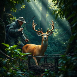A dramatic scene depicting a hunter capturing a deer in a trap