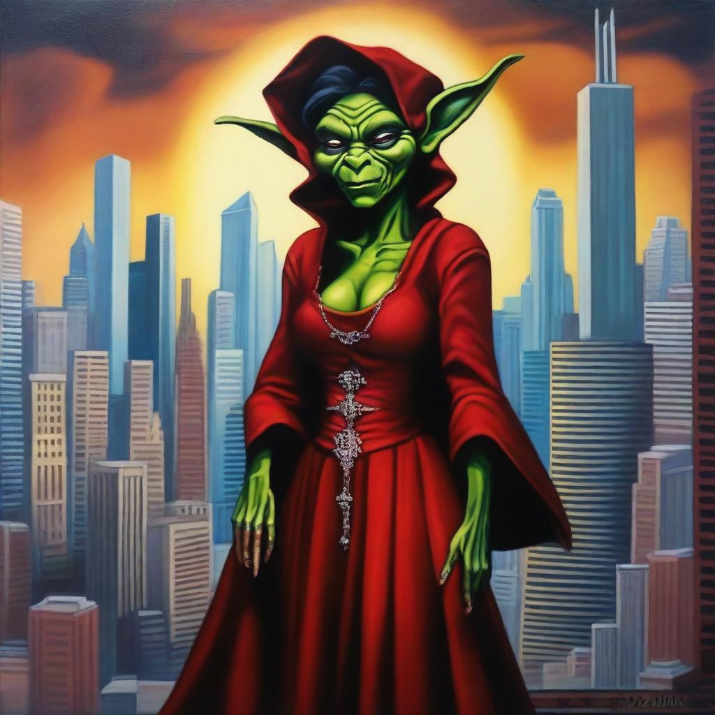 This is a high-quality modern fantasy oil painting set in Chicago, featuring a beautiful yet evil goblin stepmother of South American origin