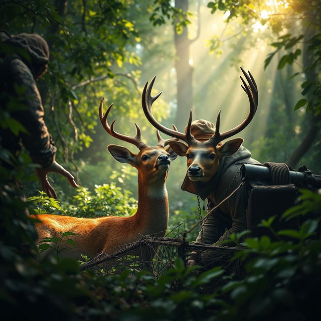 A dramatic scene depicting a hunter capturing a deer in a trap