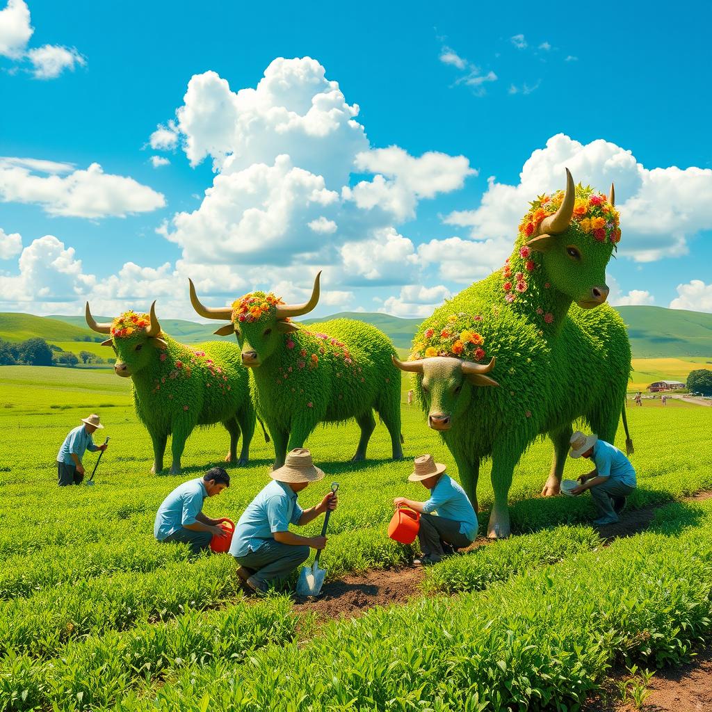 A surreal scene depicting farmers planting large, vibrant plants shaped like bulls in a lush, green field